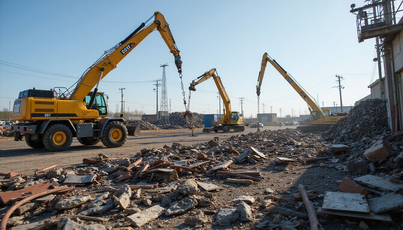 professional scrapyard workers operating large cranes lifting scrap steel efficiently