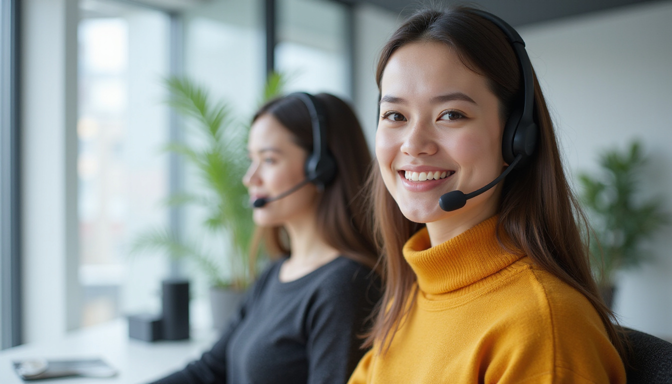 smiling customer service agents assisted by advanced call handling AI systems