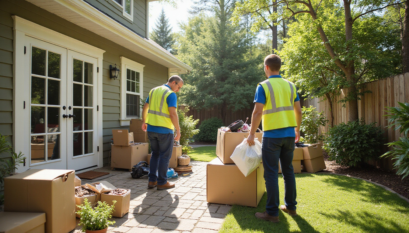  friendly junk removal crew clearing clutter from a sunny backyard