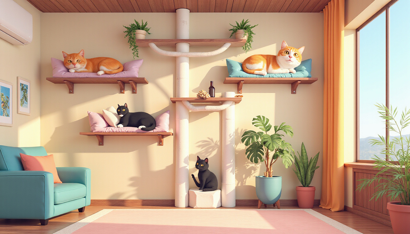 Cozy indoor cat jungle with climbing shelves and cozy napping spots 