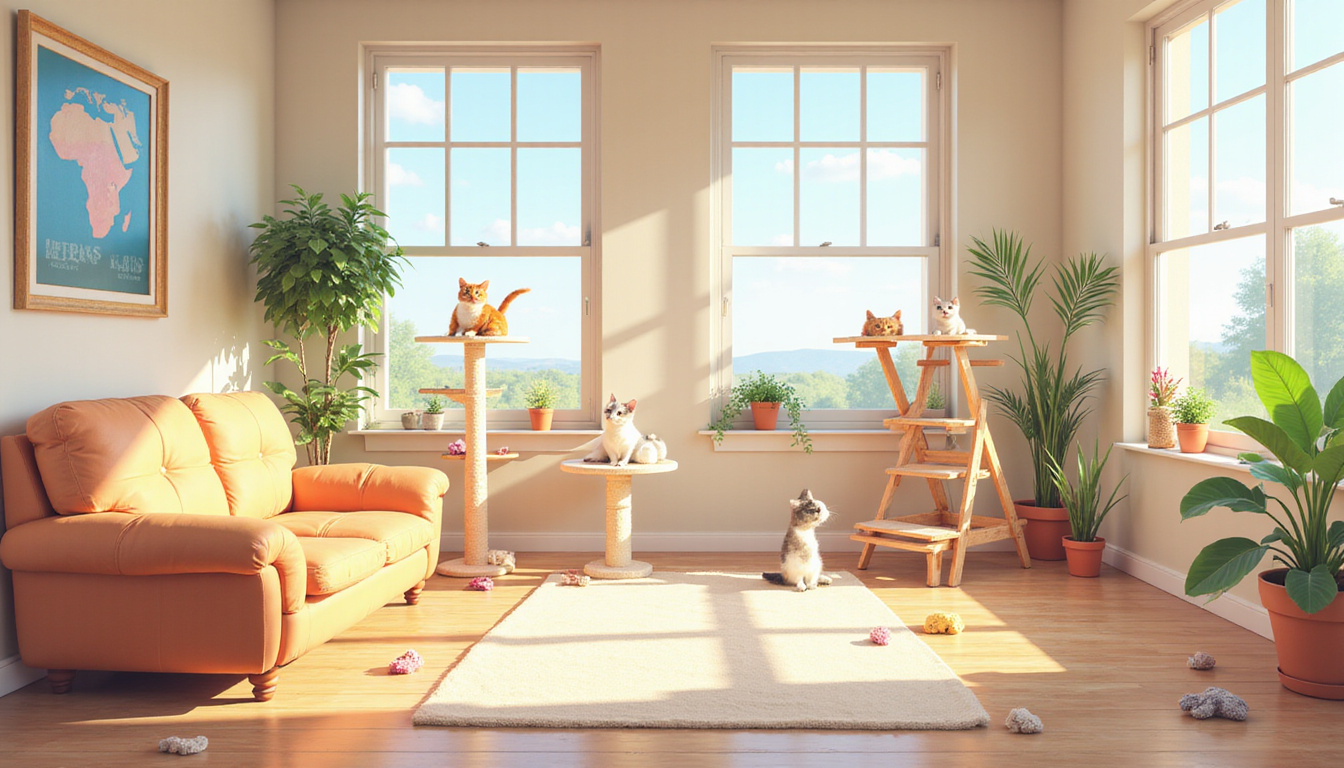  Bright, spacious living room with multiple cat trees, toys, and sunlit windowsills