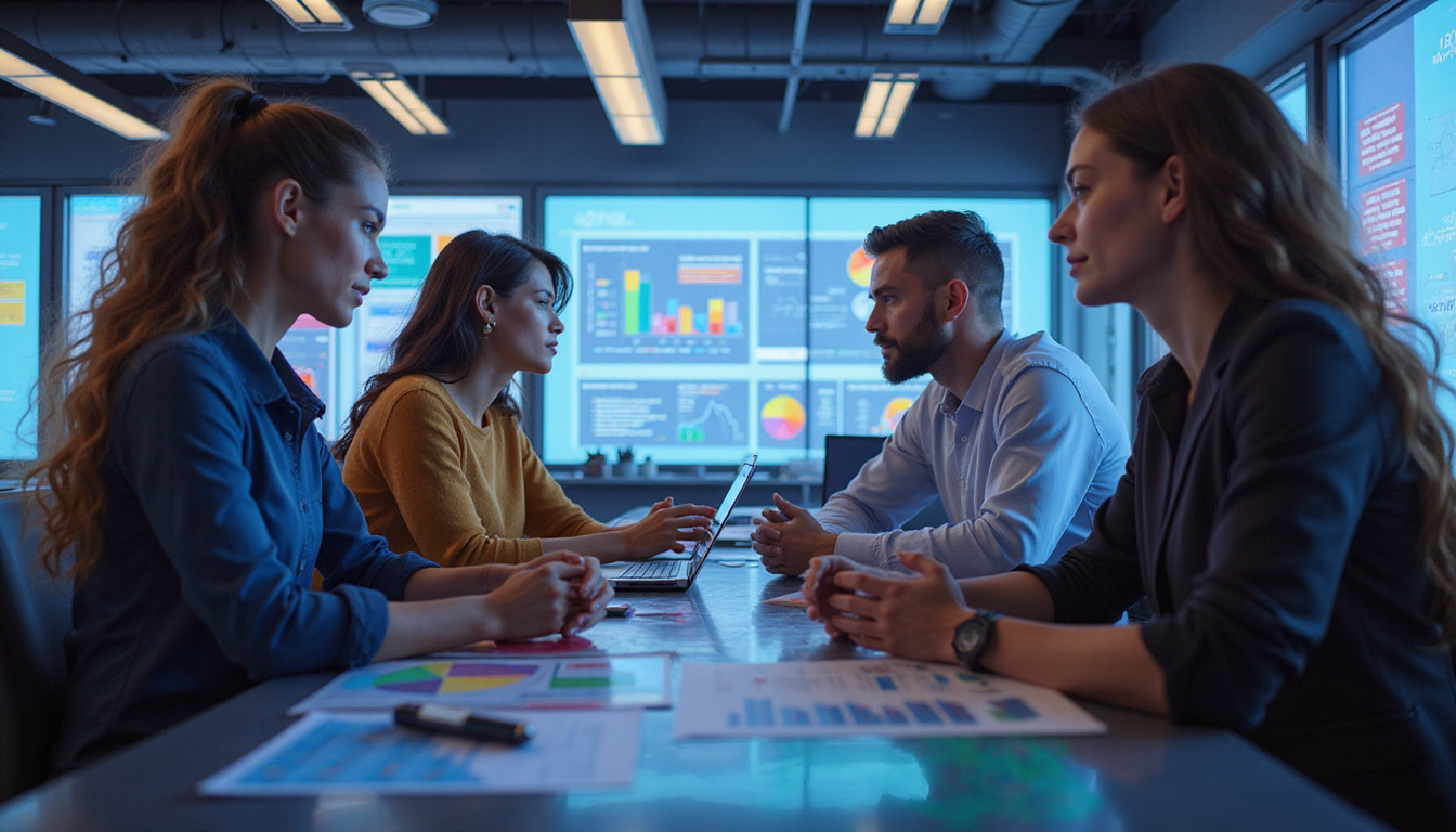  diverse marketing team analyzing campaign data, colorful charts, futuristic tech environment