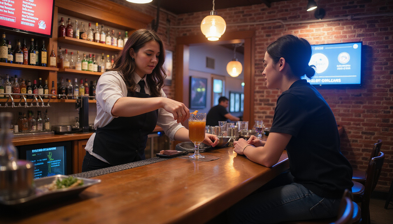 realistic bar environment, bartender handling customer, alcohol service safety signage