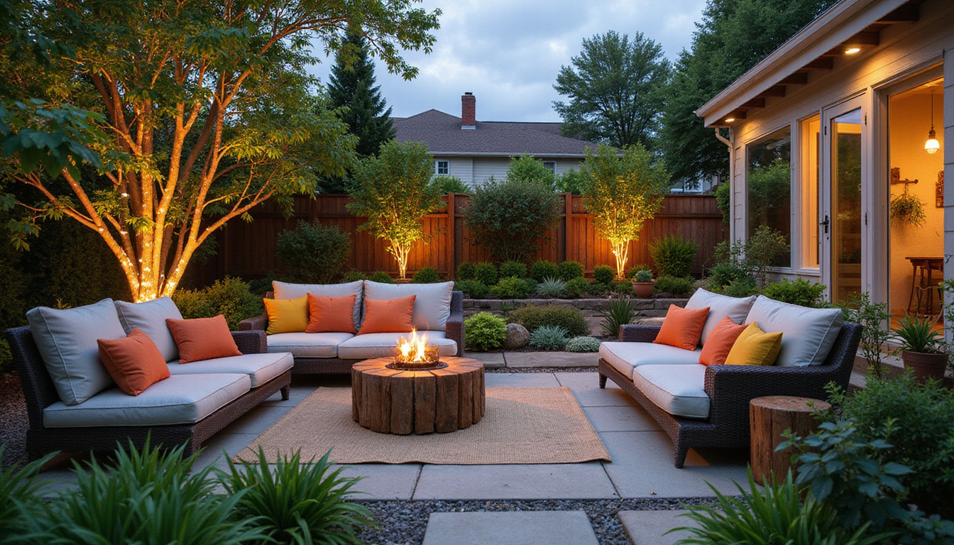  Cozy backyard makeover featuring lush garden, comfortable seating, and decorative lighting