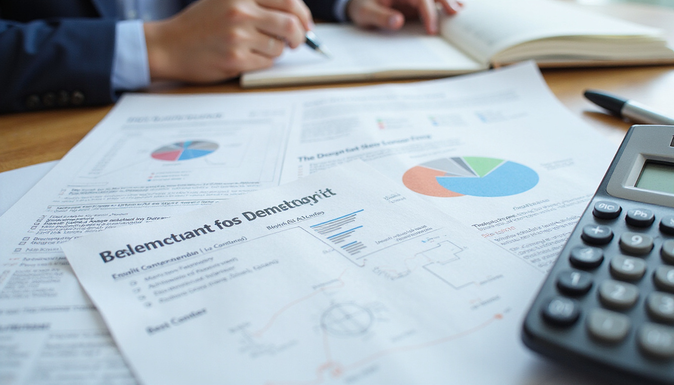 close-up of federal contract documents with pen and calculator, workspace efficiency concept