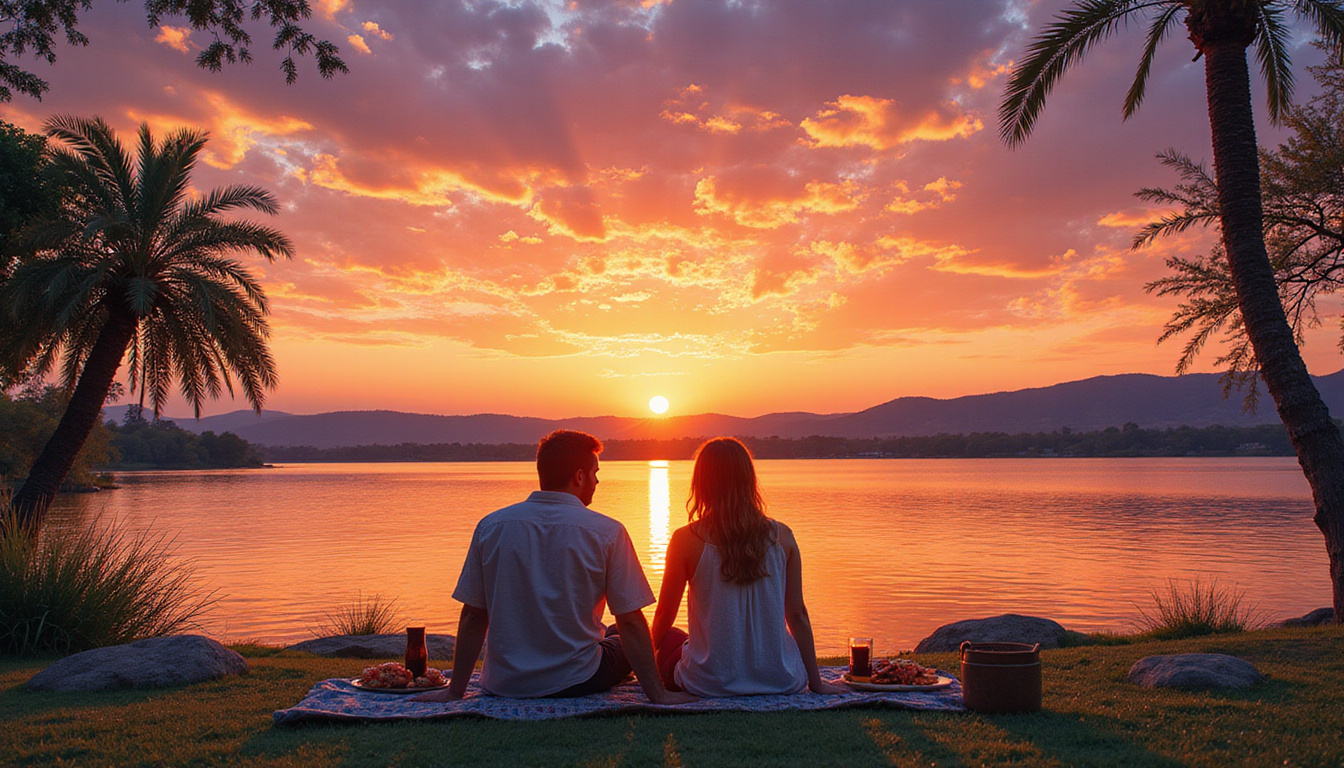 Couple enjoying evening picnic by Nile River under vibrant colorful sky