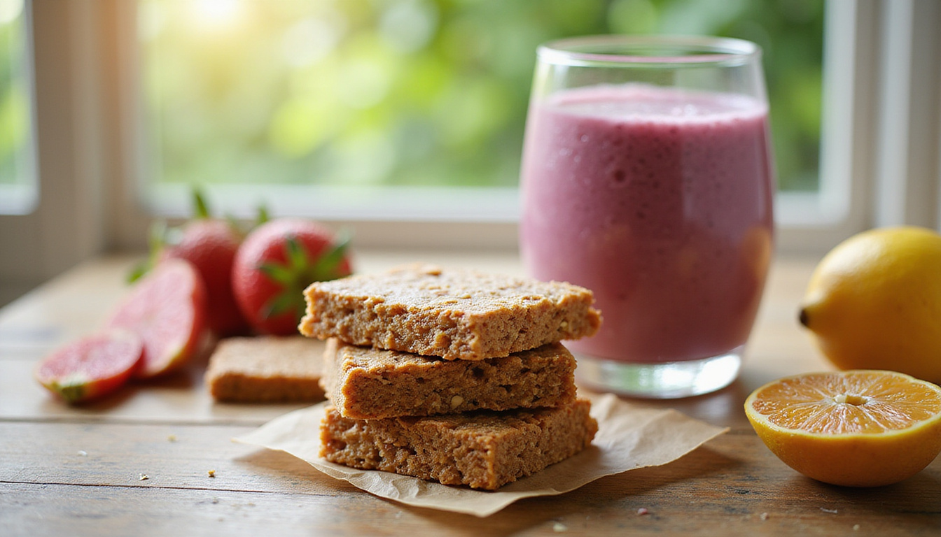Healthy low carb protein bars and smoothies on wooden table, bright natural light and fruits nearby