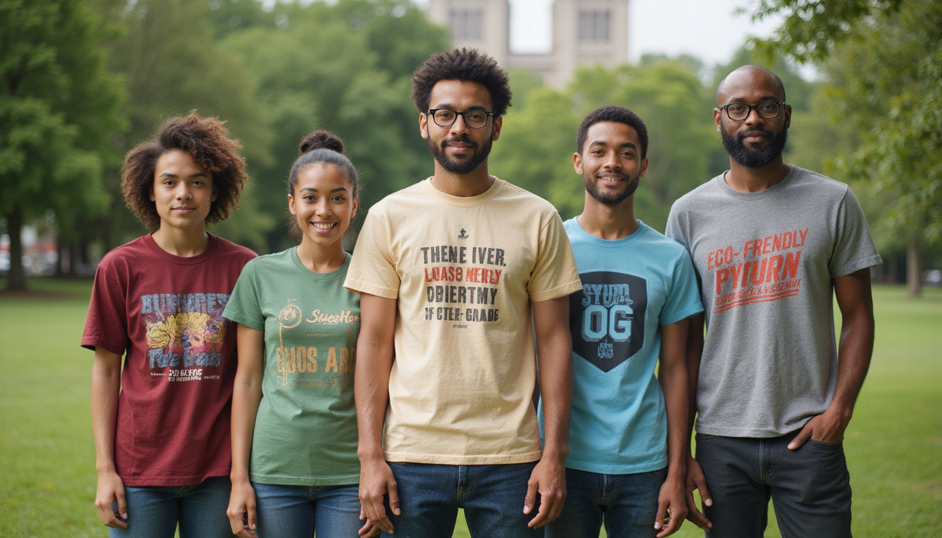  diverse group wearing eco-friendly cotton tees in urban green park setting