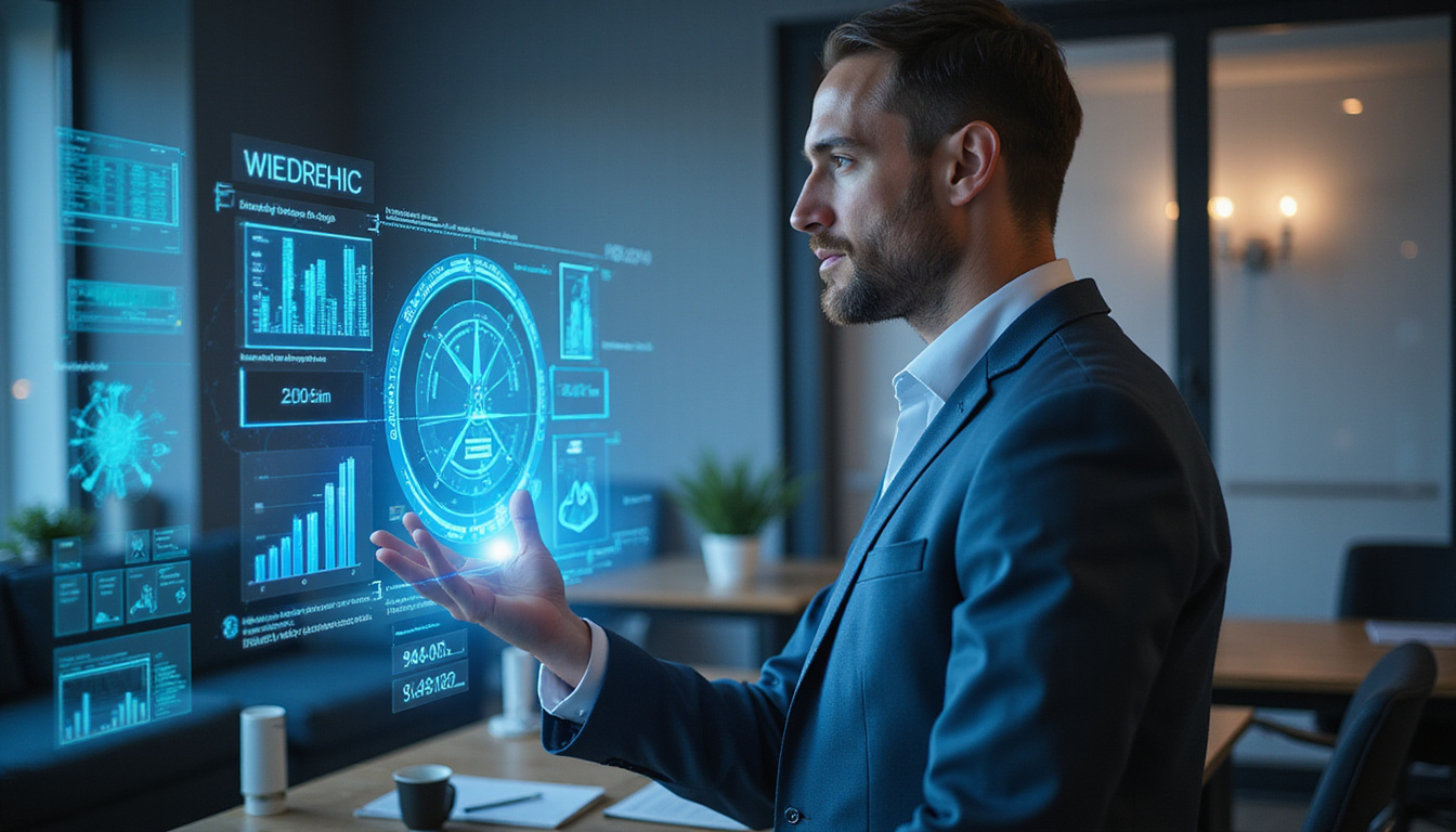 Business leader interacting with holographic decision support system in modern workspace