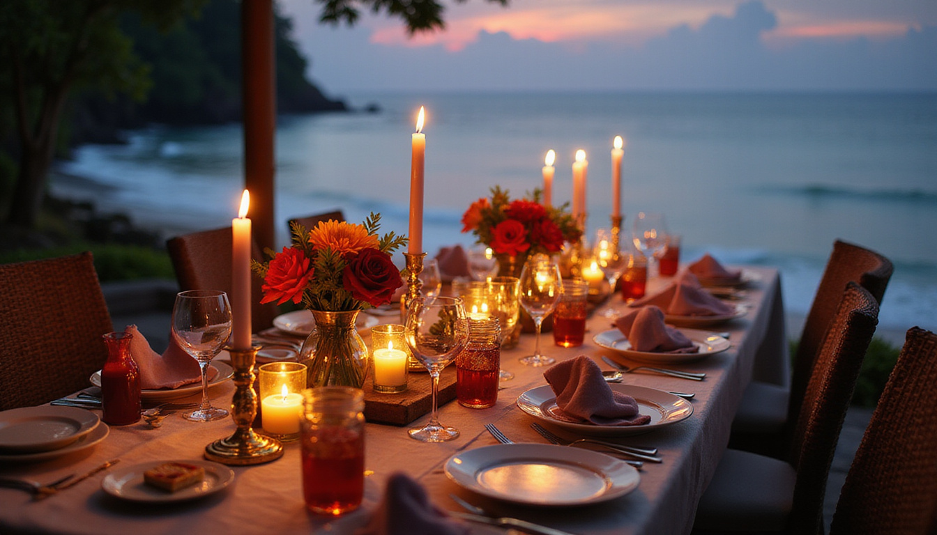 Romantic dinner setup by the sea, Bali, candlelight, exotic flowers, intimate ambiance