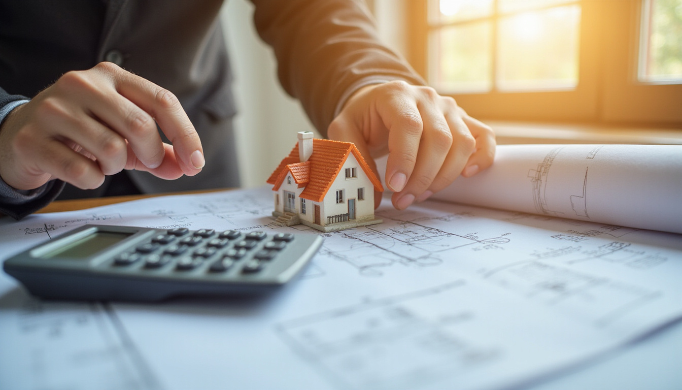 Close-up of hands inspecting house details, blueprint and calculator on table, warm lighting