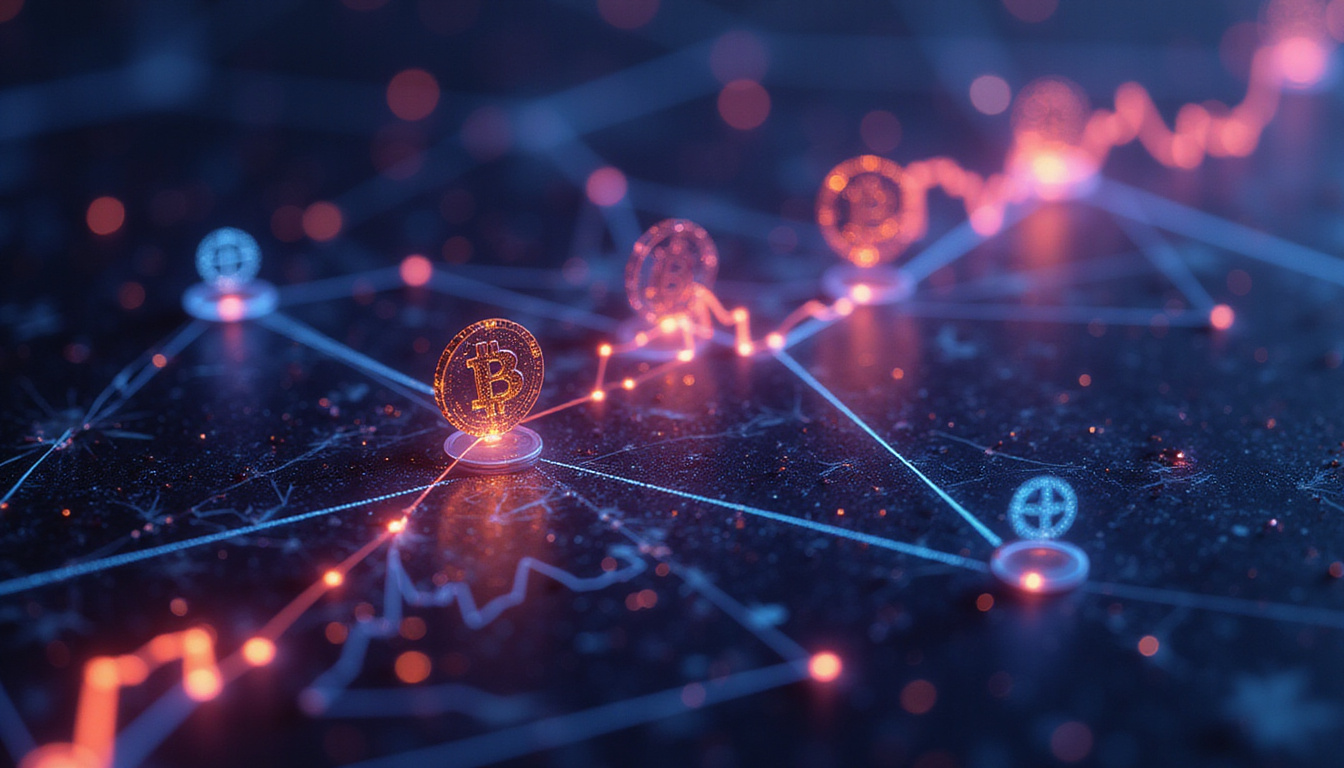  abstract blockchain network with dynamic cryptocurrency symbols and financial graphs interconnected