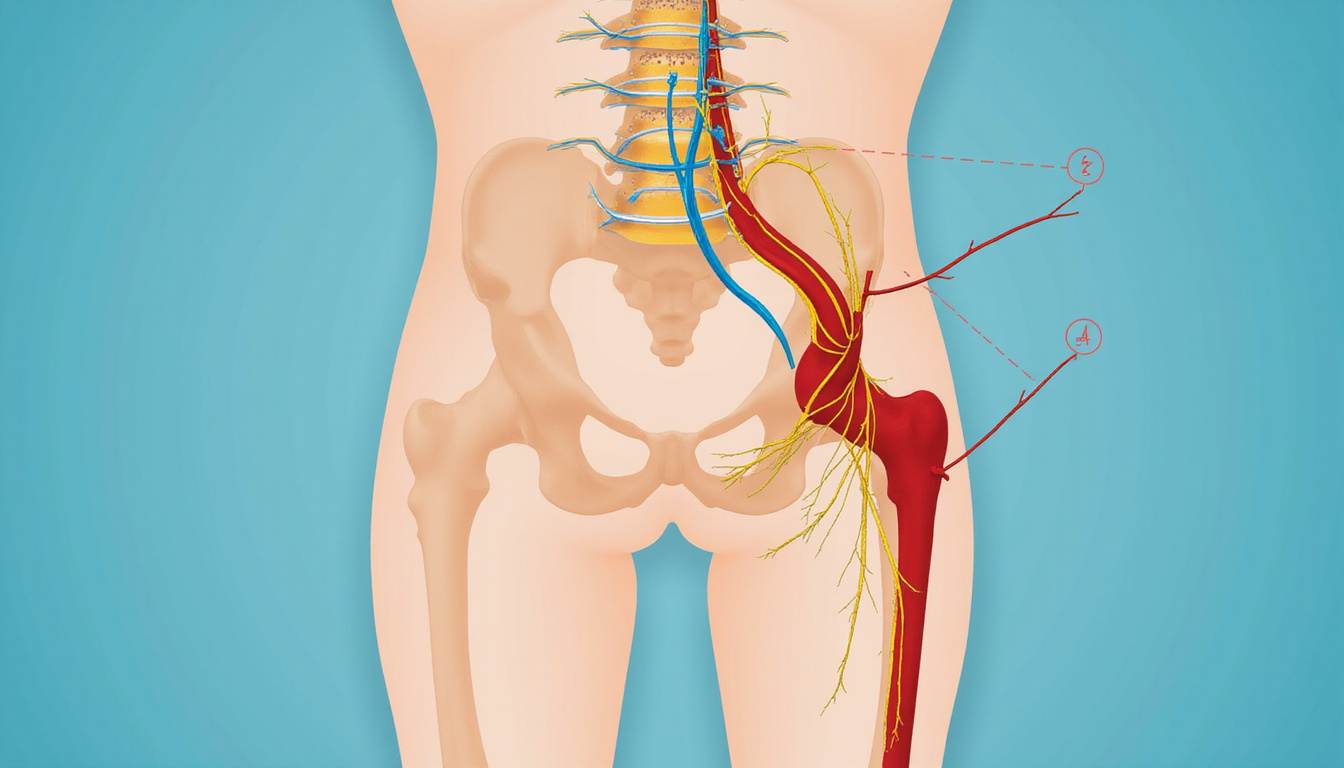 detailed medical illustration of sciatic nerve anatomy with highlighted nerve block points