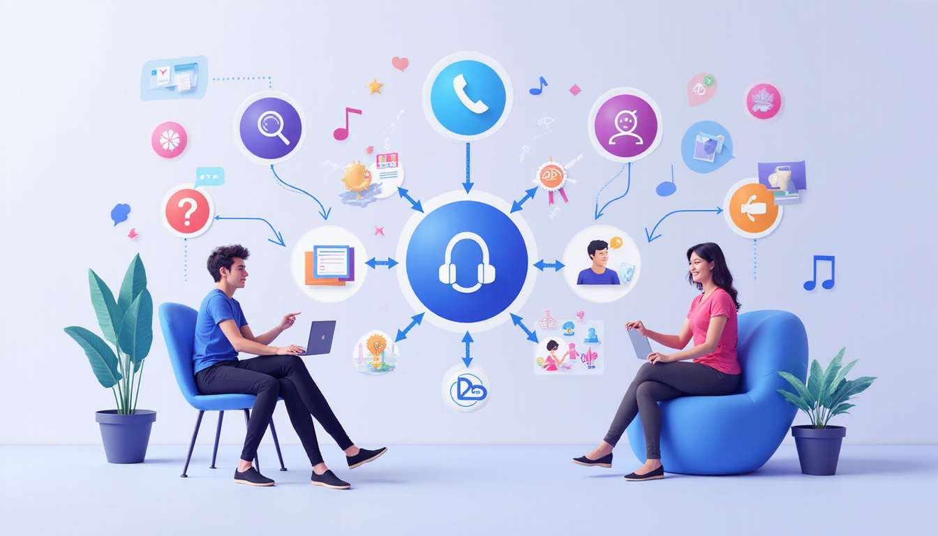 Digital illustration of seamless call flow chart, bright interface, efficiency icons and satisfied customers