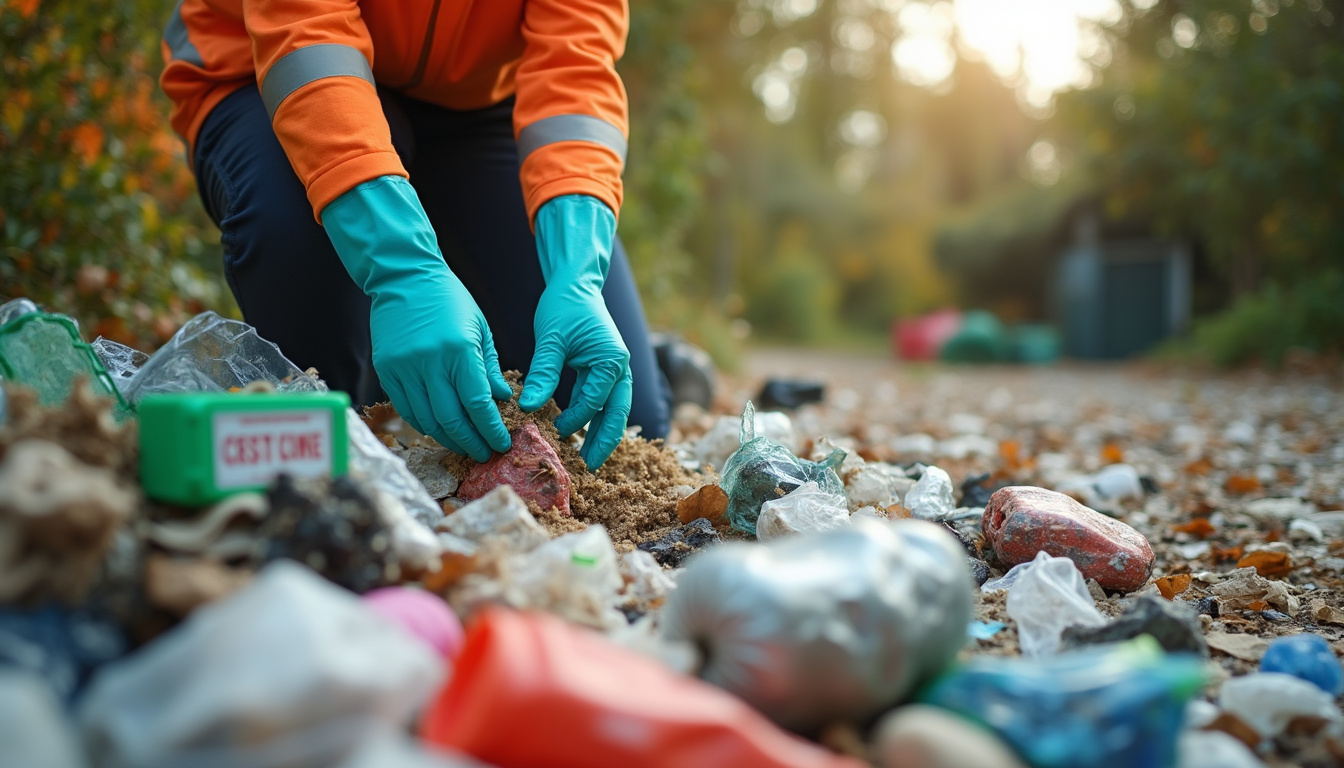  person organizing piles of trash and recyclables, gloves and safety gear, backyard cleanup scene