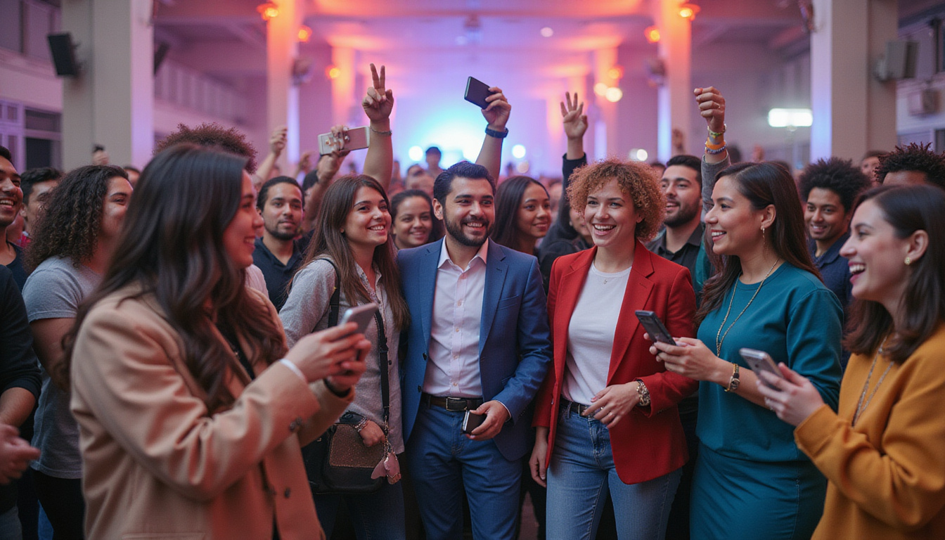  diverse group celebrating success, branded merchandise and digital devices, uplifting community event atmosphere