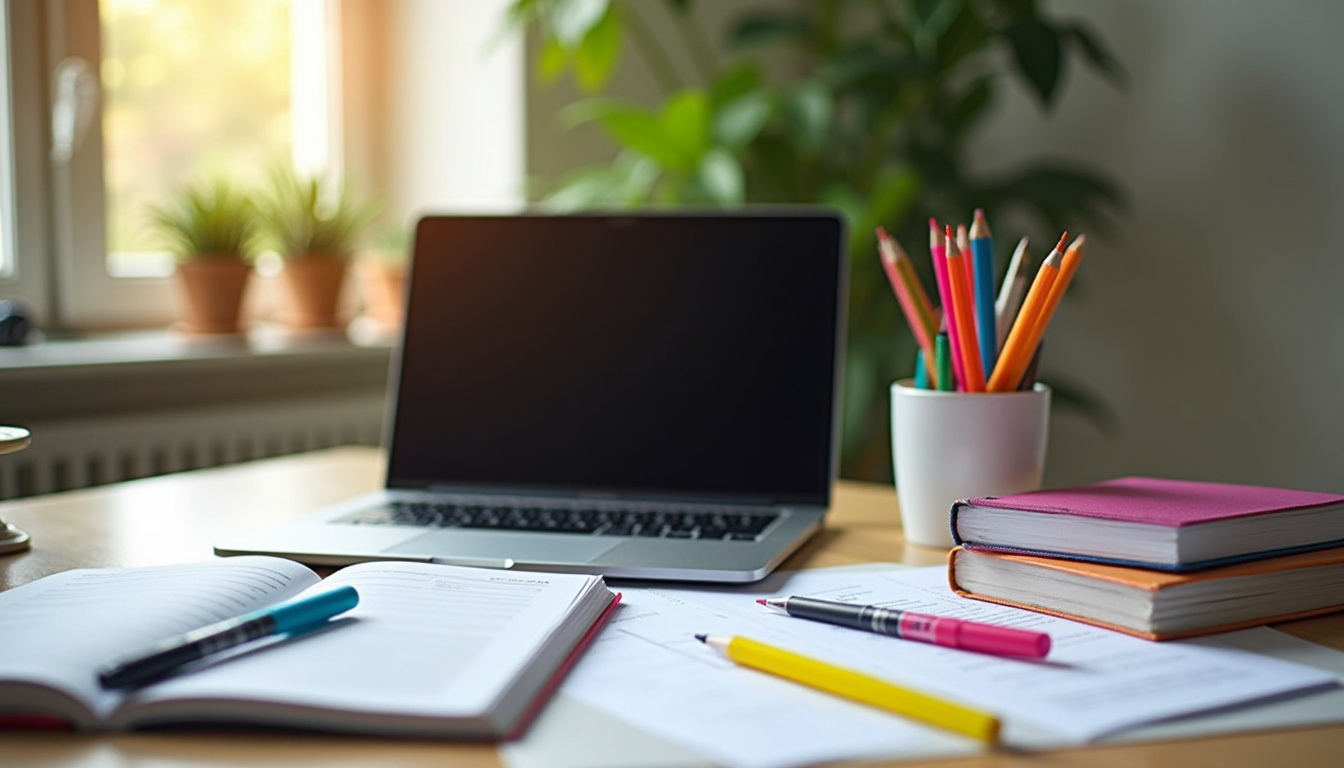 Organized study space with highlighters, laptop, LSB-RVT exam prep materials, cozy lighting