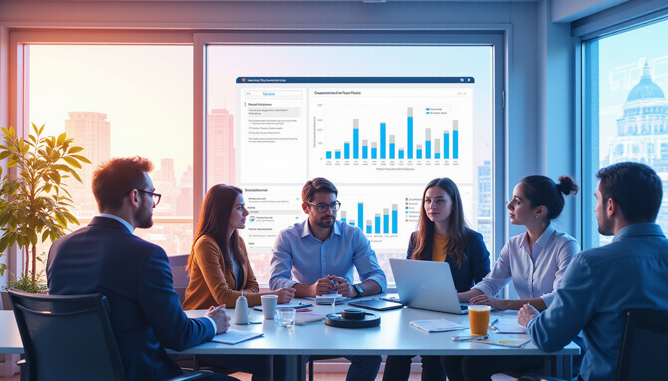  Diverse team discussing government contracts, digital dashboard with compliance data, bright workspace