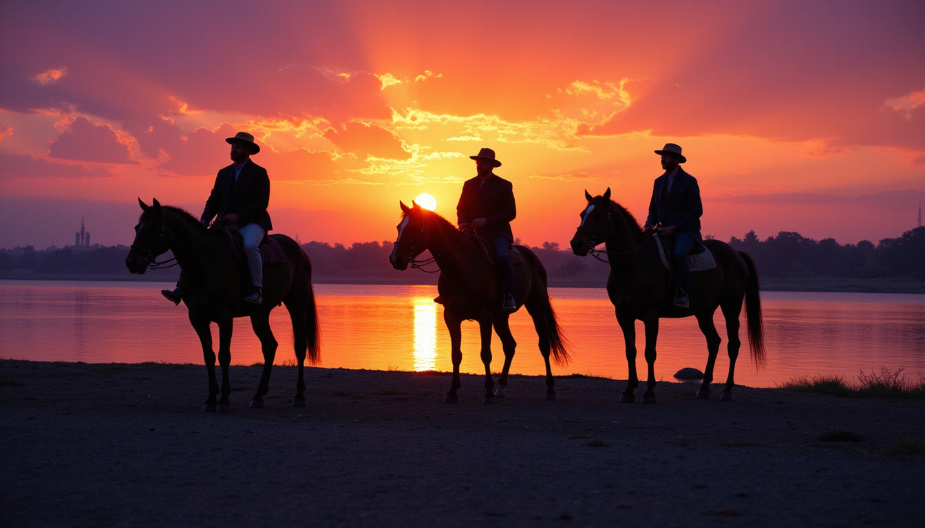  Silhouetted riders on horses by Nile River at dusk, vibrant orange and purple sunset hues, breathtaking landscape