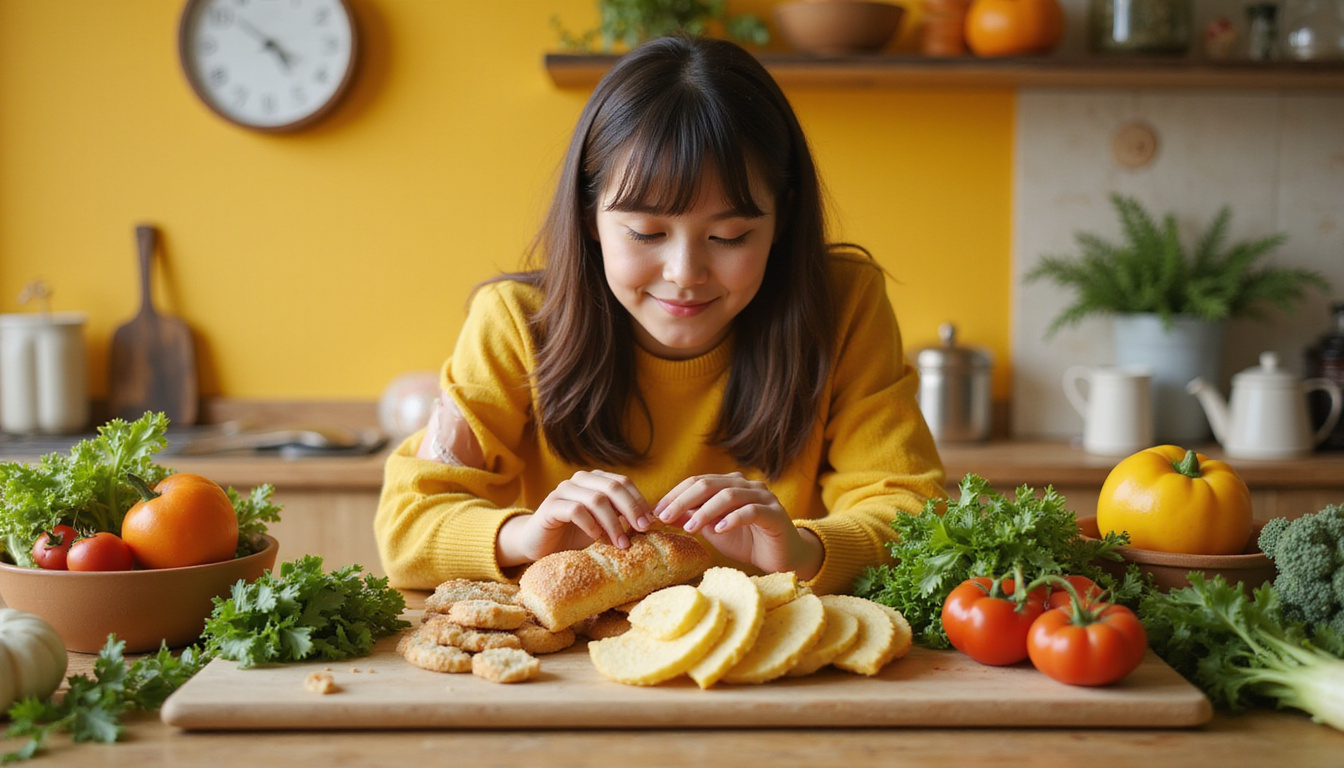 person choosing vegetables over carbs with vibrant kitchen background
