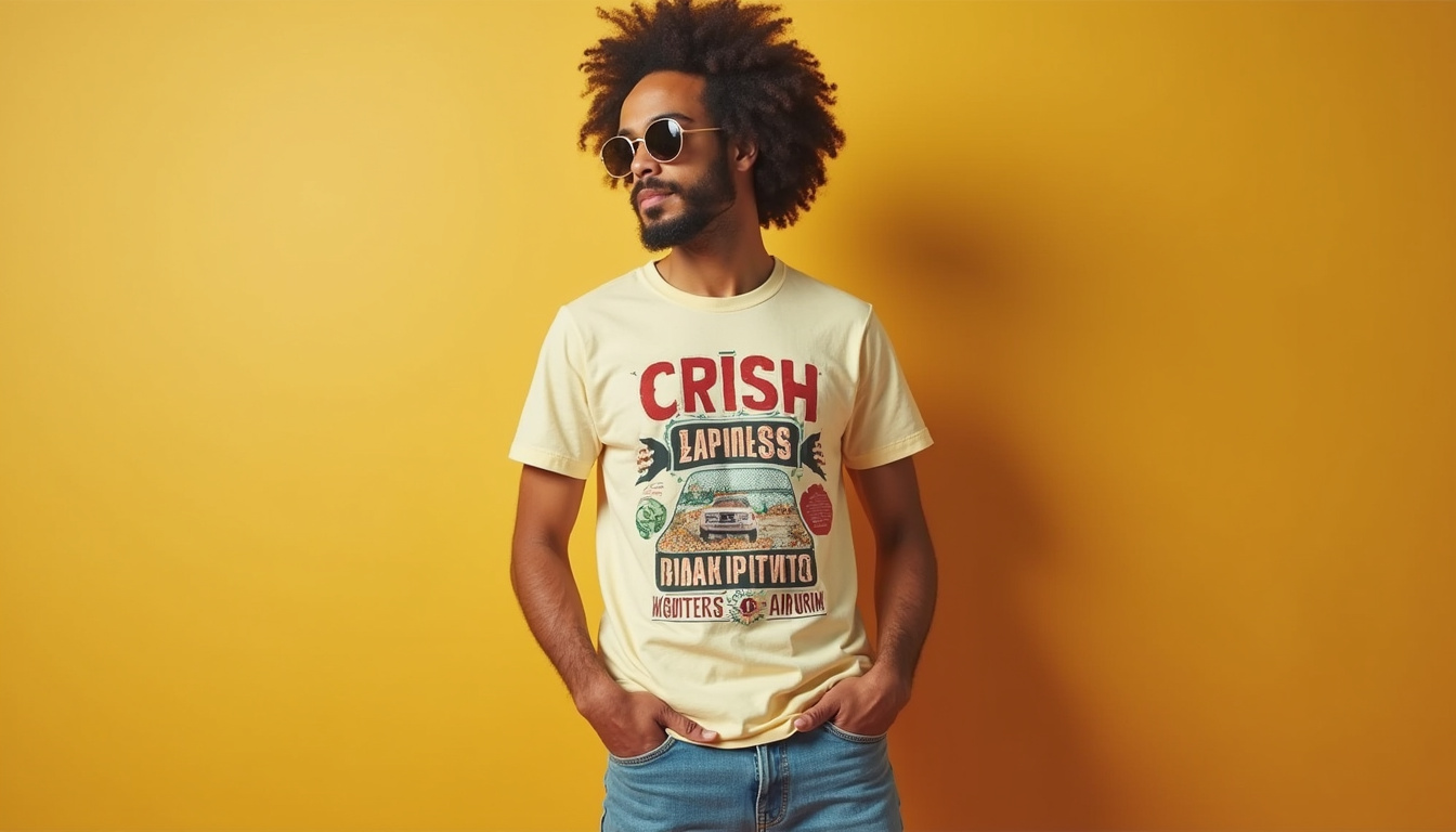  Sustainable stylish wardrobe capsule, model wearing earth-tone organic graphic t-shirts, modern and fresh vibe