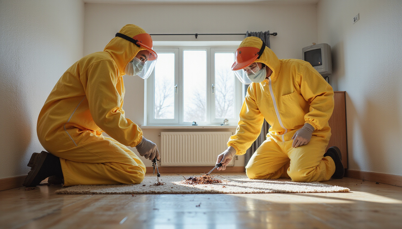  Professional exterminator with protective gear treating roach-infested home interior