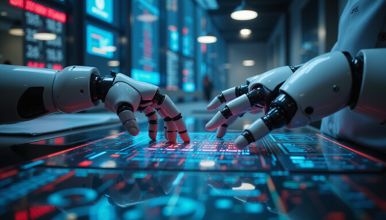 robotic hands analyzing complex data streams in a high-tech corporate environment, neon lights