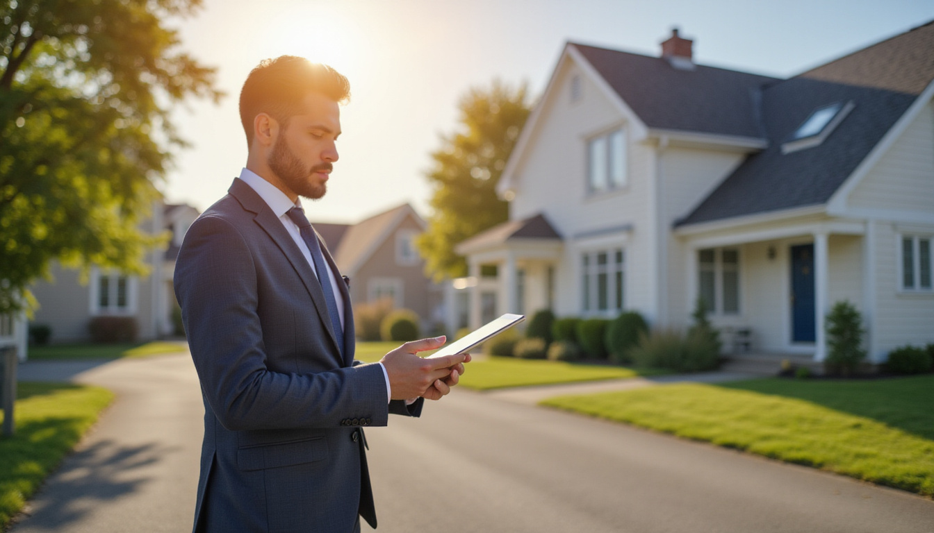 Professional agent evaluating residential property exterior, sunny neighborhood background, digital marketing concept