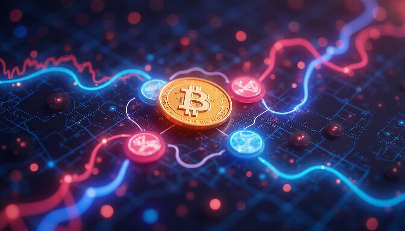 Abstract blockchain network transforming traditional financial markets with vibrant cryptocurrency symbols and dynamic arrows