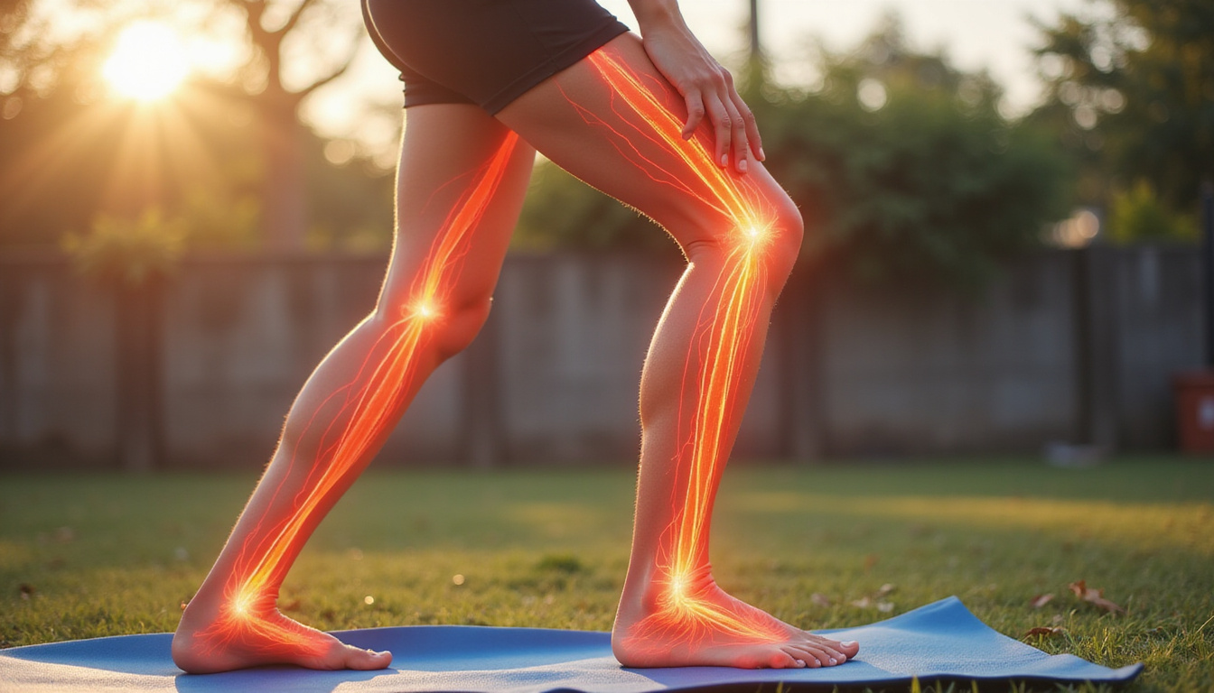  athletic person performing leg stretches outdoors, vibrant sciatic nerve anatomy overlay