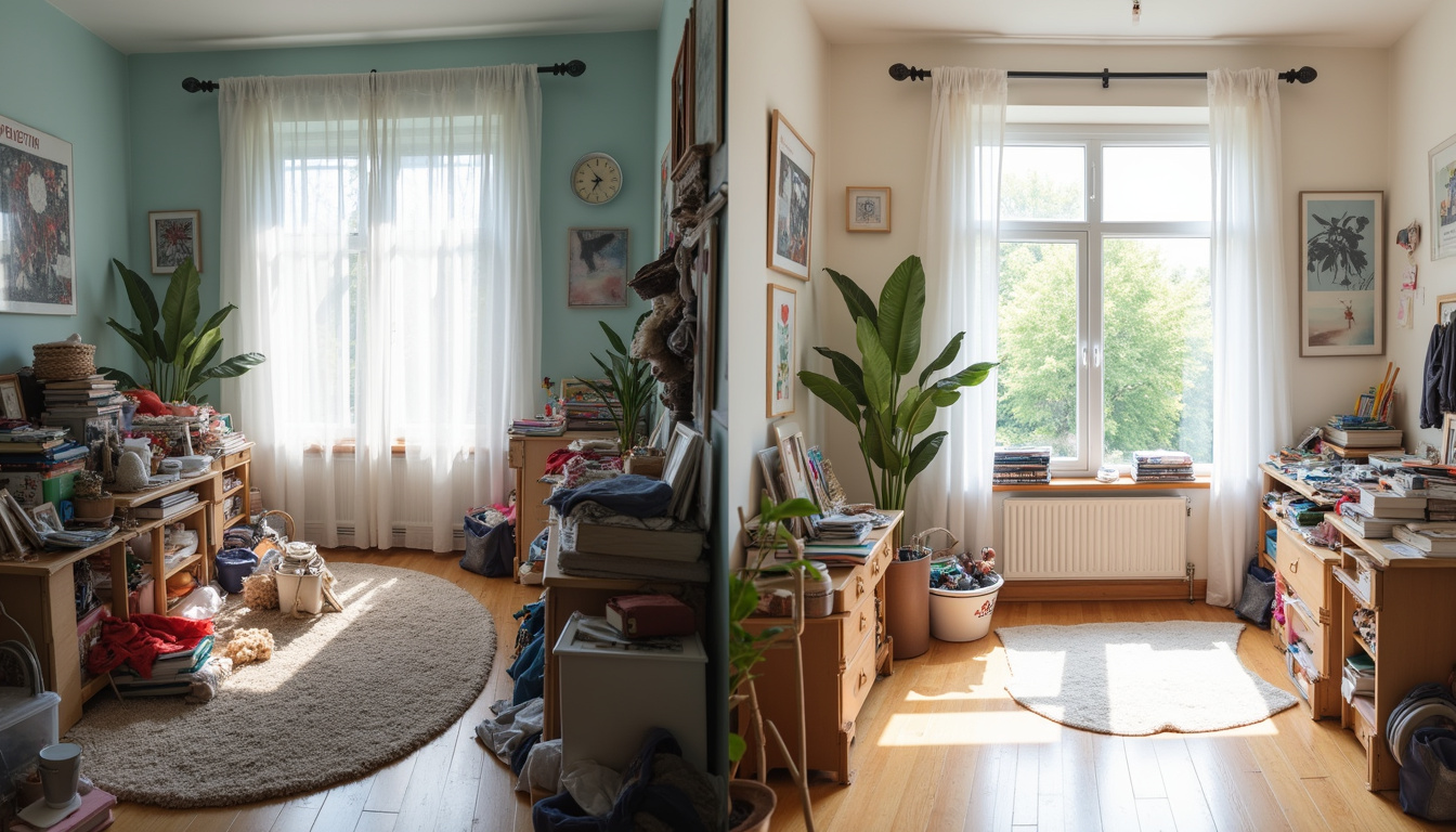  before and after messy room transformation, efficient junk removal, clean spacious interior, bright natural light