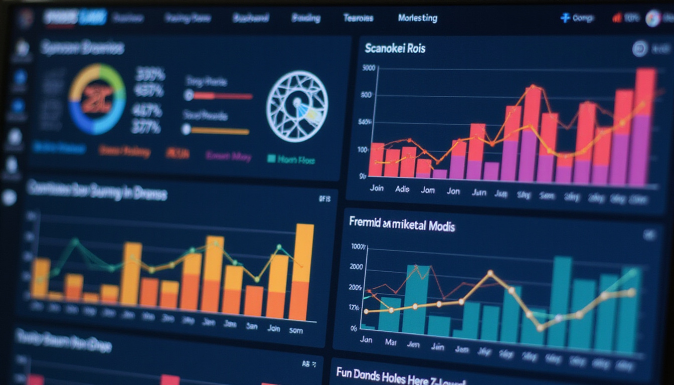 digital dashboard displaying colorful marketing ROI graphs with upward trends and stats