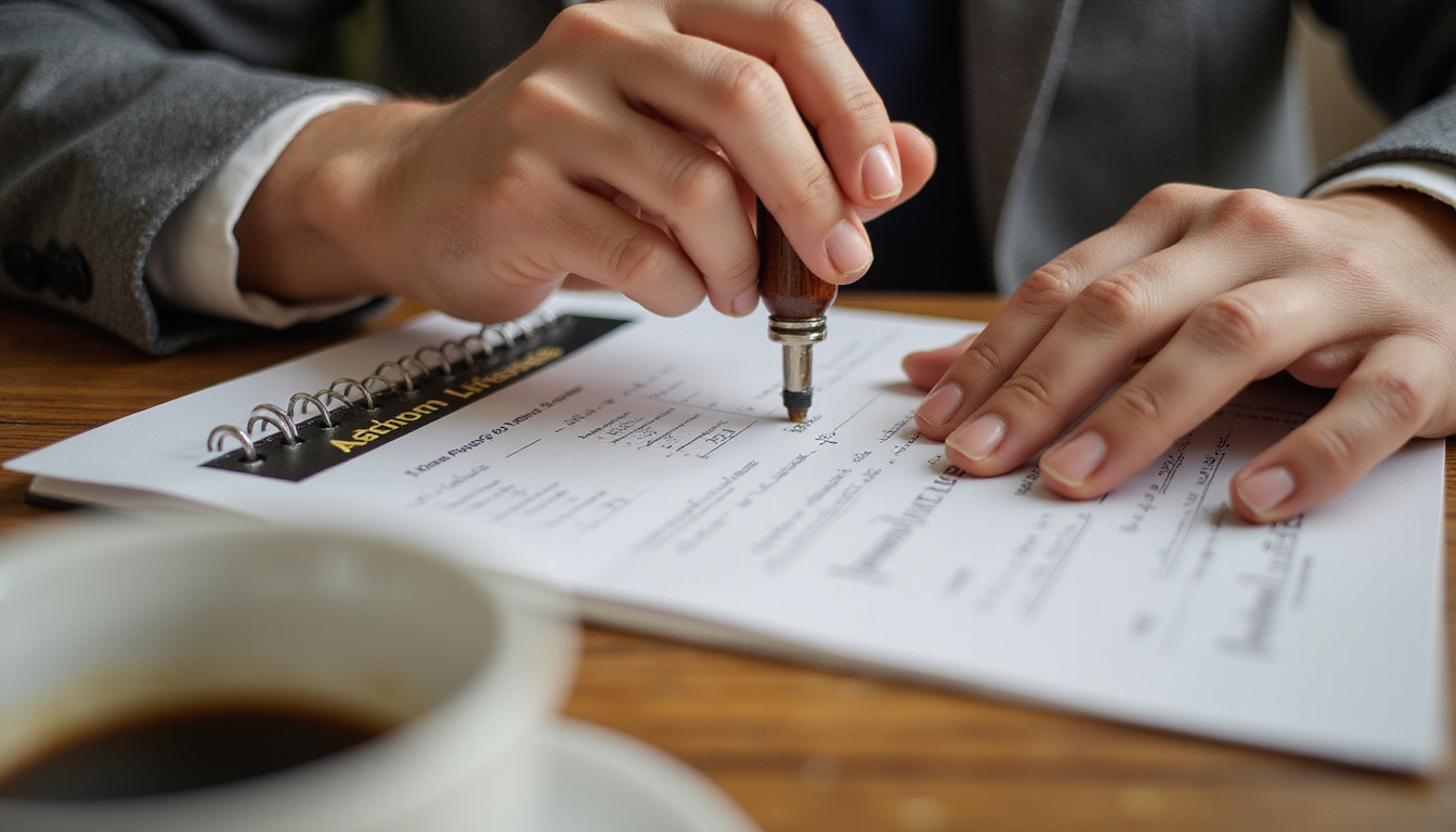 Close-up of hands stamping official alcohol license with calendar and coffee cup nearby, warm lighting