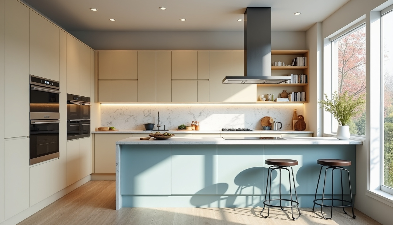  Kitchen makeover with sleek cabinets, marble countertops, smart appliances, bright and airy ambiance