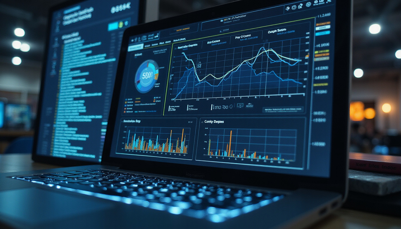Digital dashboard displaying federal contract compliance metrics and notifications in futuristic style