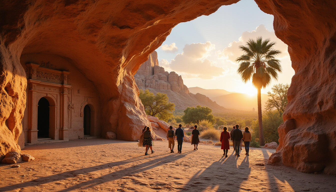 Tourists exploring secret chambers, intricate sandstone carvings, lush palm trees, glowing sunset