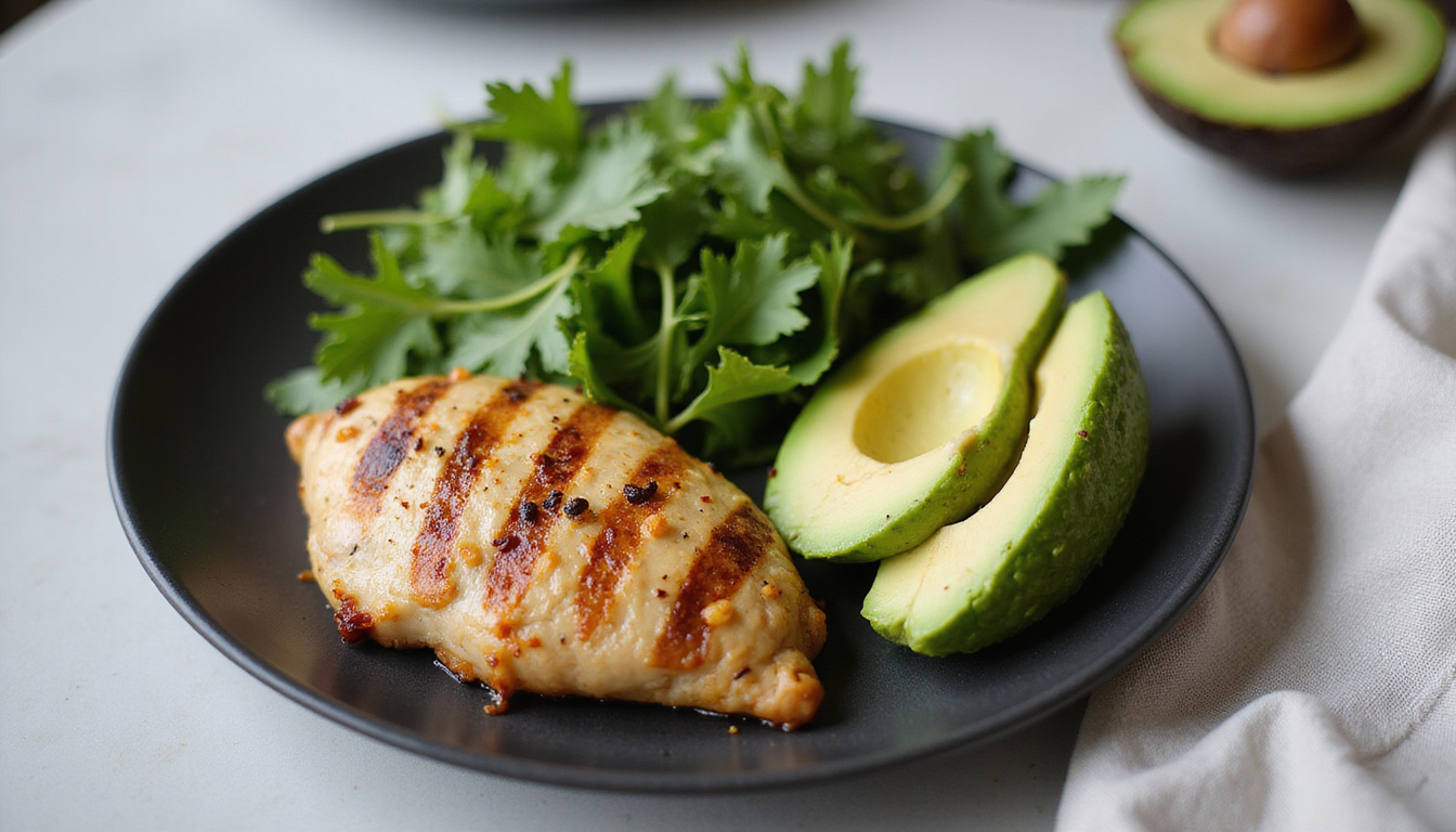  sleek dinner plate with grilled chicken, avocado, leafy greens, keto-friendly meal, bright lighting