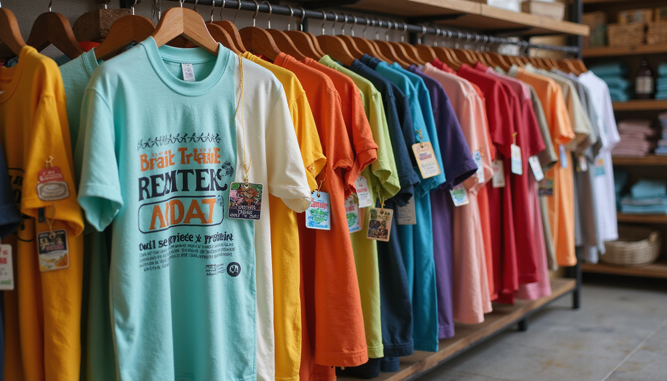  eco-friendly clothing store display, colorful tees with 