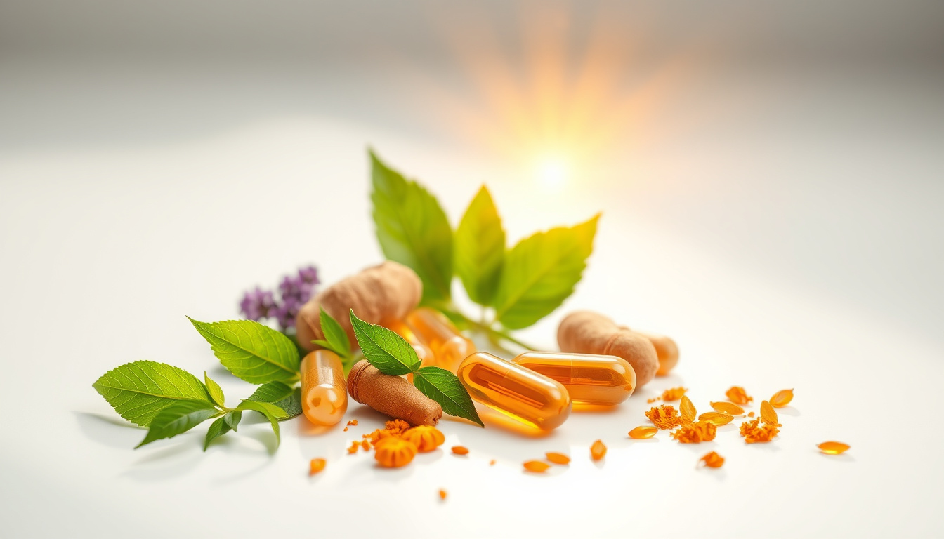  A serene wellness scene with turmeric capsules, herbal elements, and radiant light symbolizing healing benefits