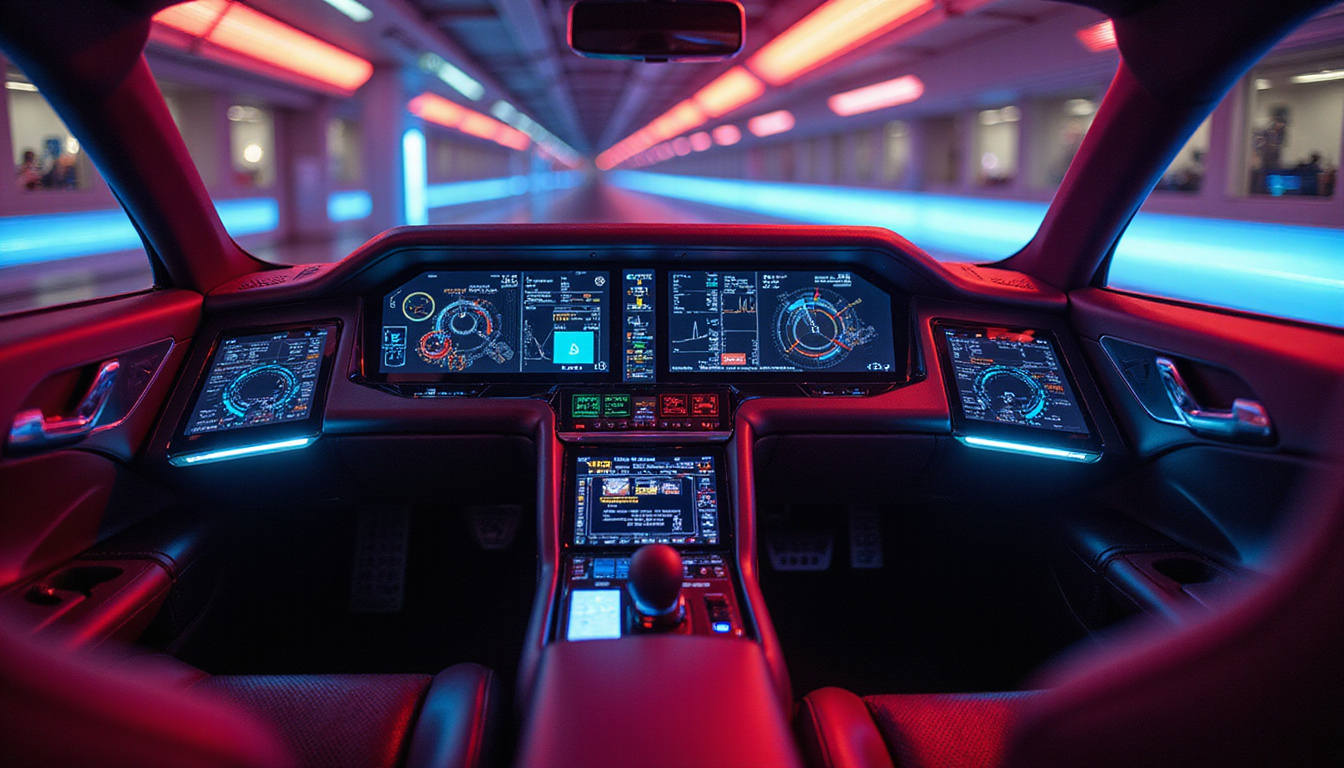 futuristic racecar cockpit displaying thermal management data screens, vibrant neon lights