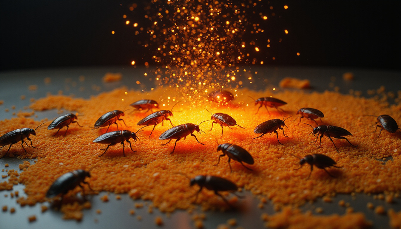  Sudden swarm of roaches retreating from glowing granules, dramatic contrast lighting