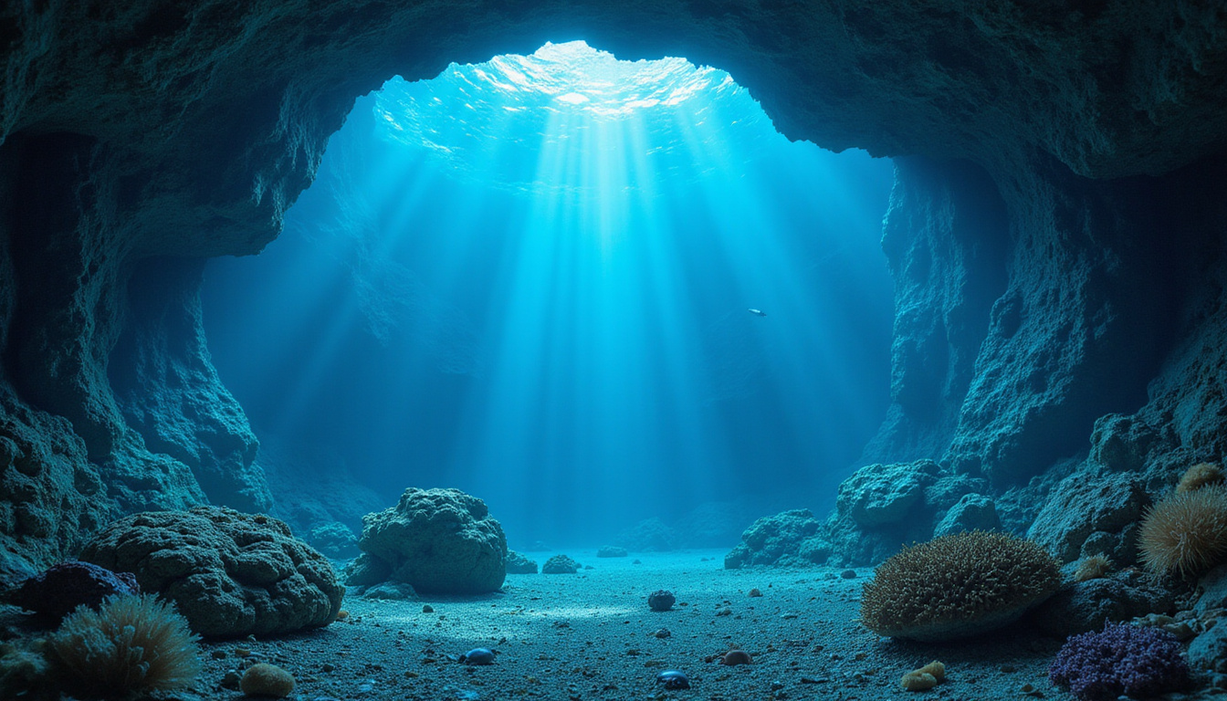 mysterious blue-lit underwater caves with exotic marine life, serene and pristine ocean environment