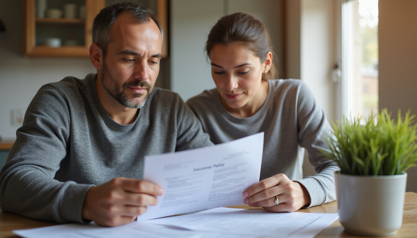Homeowner reviewing insurance policy documents at kitchen table, warm lighting