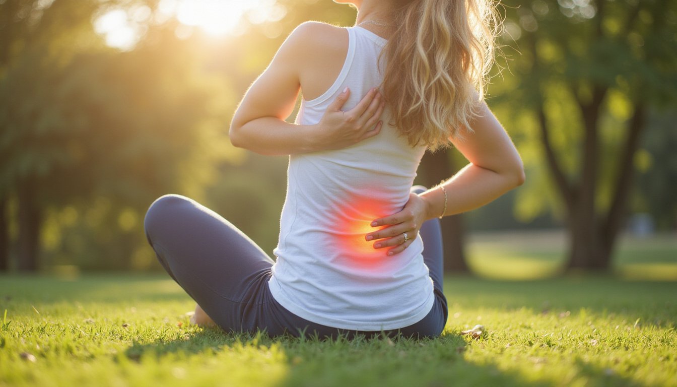  serene patient stretching outdoors, relief from sciatica pain, natural therapy background