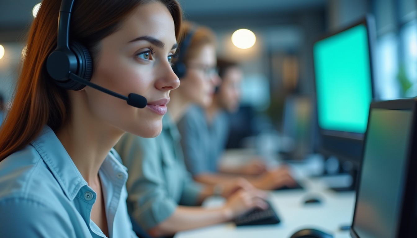  diverse customer service agents aided by smart call answering system, vibrant office, high-tech ambiance