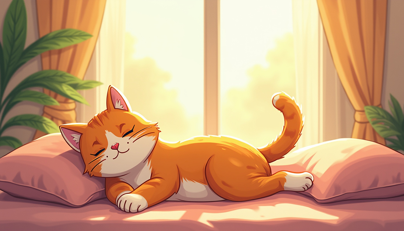 Calm cat lounging in a sunlit cozy room with soft blankets 