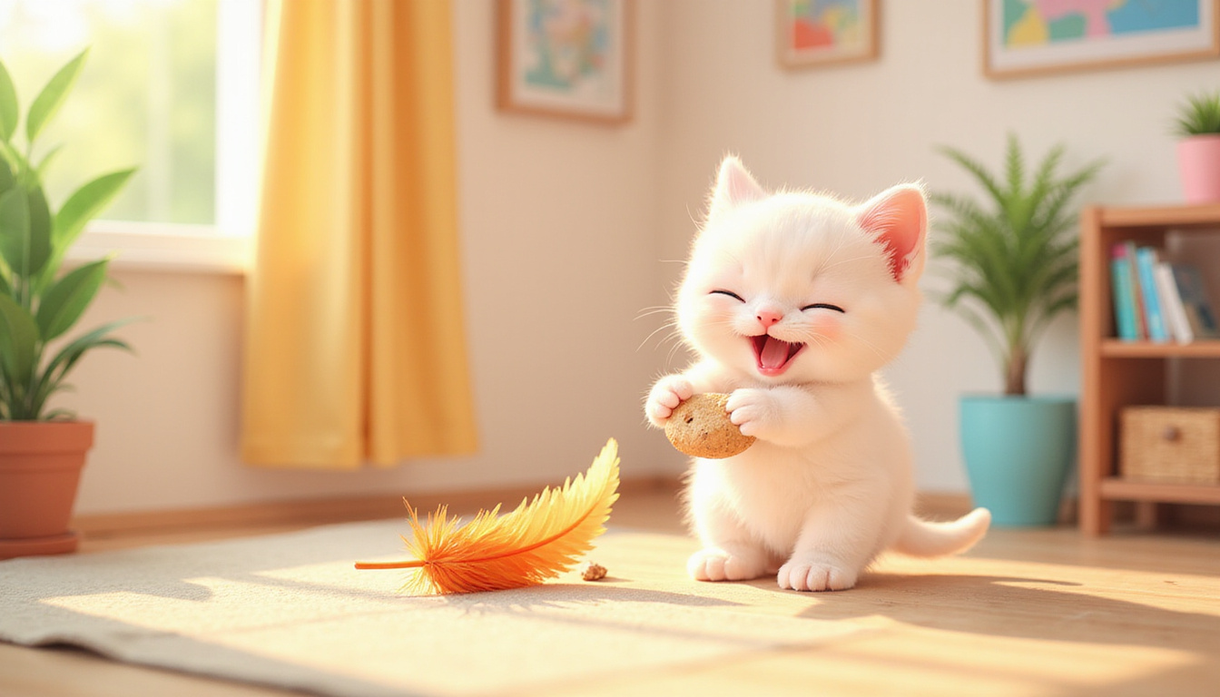 Playful kitten gently interacting with a feather toy in a peaceful home environment