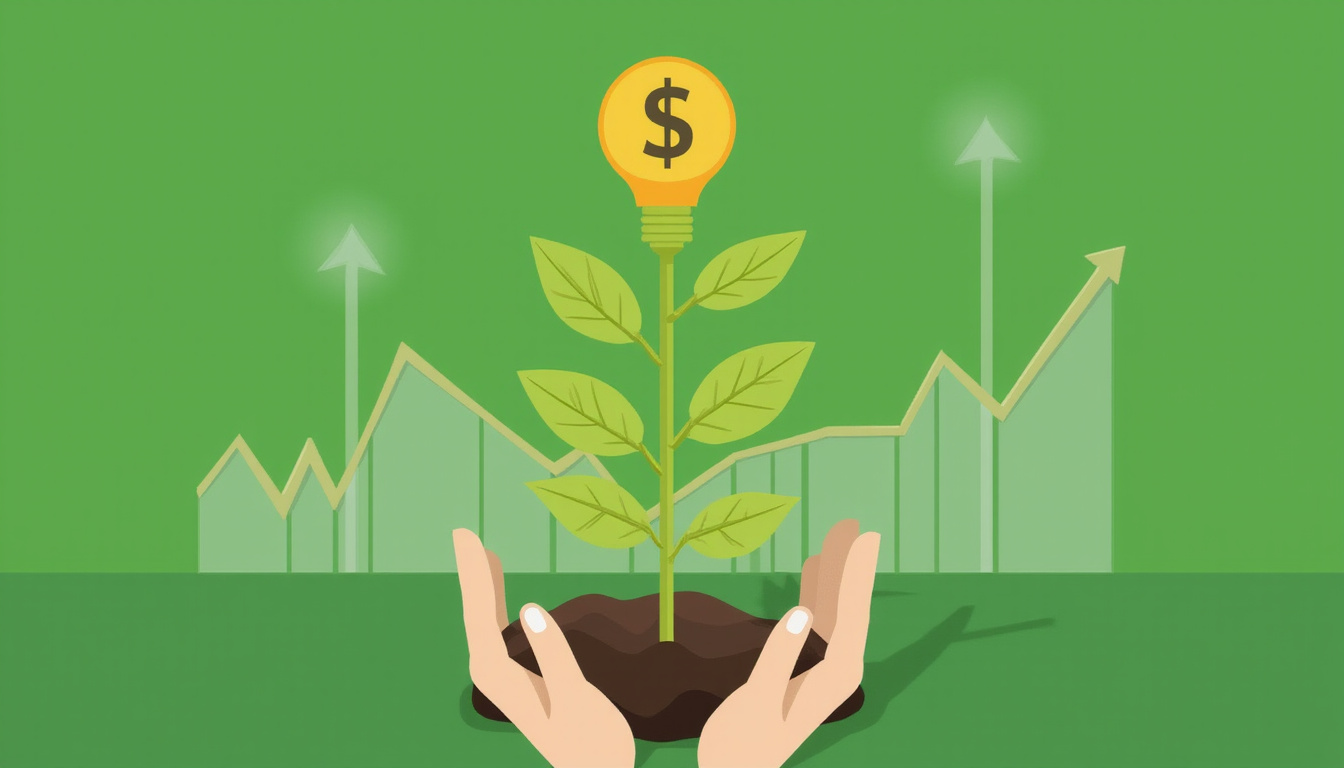 Growing plant with dollar signs, business graph, hands nurturing, abstract growth concept, green background