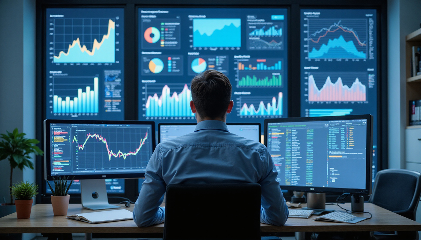 futuristic workspace with digital dashboards, focused manager analyzing performance metrics