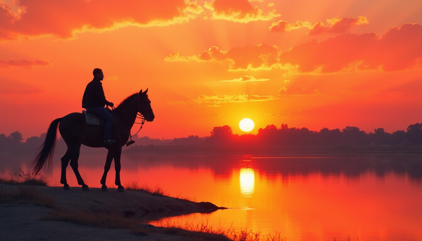  Silhouetted horse and rider against vibrant orange-pink Nile sunset over tranquil water